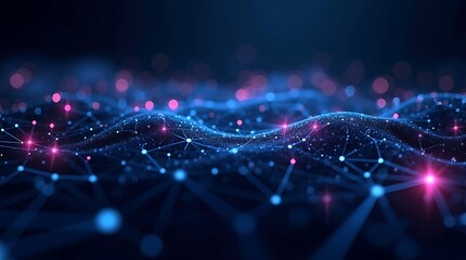Abstract network, digital connections, neon blue and pink, geometric shapes, futuristic, dark background,