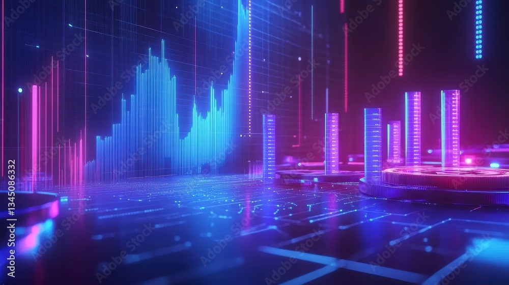 Poster Abstract digital landscape with financial charts.  Possible use Stock photo for technology, data visualization, or business concepts
