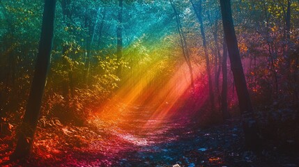 Colorful Light Rays Piercing Through Forest Canopy in Vibrant Rainbow Hues, Nature Path in Ethereal Atmosphere