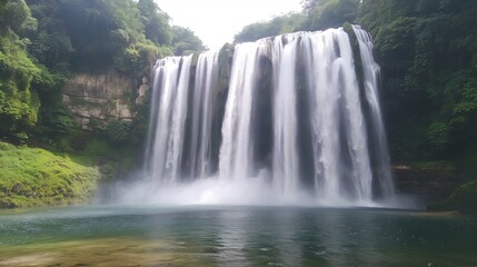 Fototapeta premium A majestic waterfall cascading into a crystal-clear pool below, surrounded by lush green vegetation. Focus on the water's movement and the spray of the falls