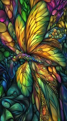 A colorful stained glass style image of a dragonfly