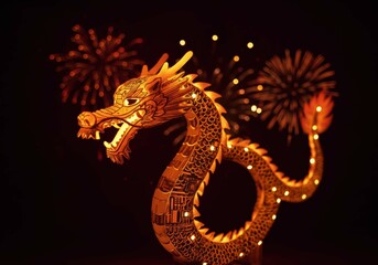 Obraz premium Chinese dragon sculpture with fireworks display