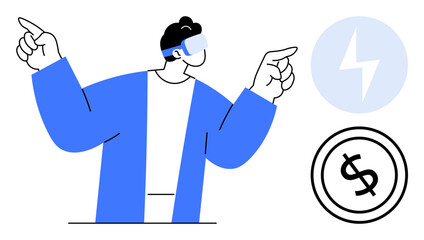 Person wearing VR headset pointing at energy and finance icons. Ideal for technology, innovation, virtual reality, efficiency, progress, sustainability, futuristic ideas, flat simple metaphor