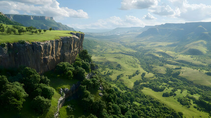 Obraz premium High Valley View From A Cliff With Lush Green Grasslands And Trees Under Sunny Sky
