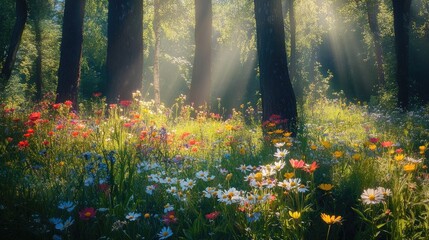 Serene Sunlit Forest with Vibrant Wildflowers and Gentle Sunbeams Filters Through Green Trees