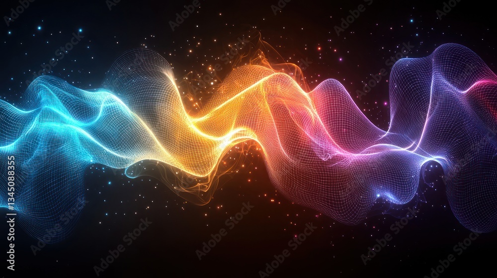 Wall mural flowing waves of light with color gradients and sparkling particles on black