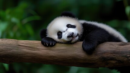 Obraz premium Sleepy panda cub resting on a log. A charming and adorable baby panda napping peacefully on a branch in a lush forest setting