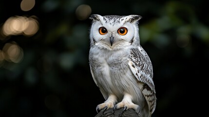 Majestic white owl with intense eyes on a black blurred background.