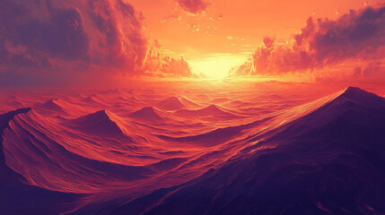 Majestic sunset over rolling waves of crimson and violet mountains, casting a serene glow in the sky