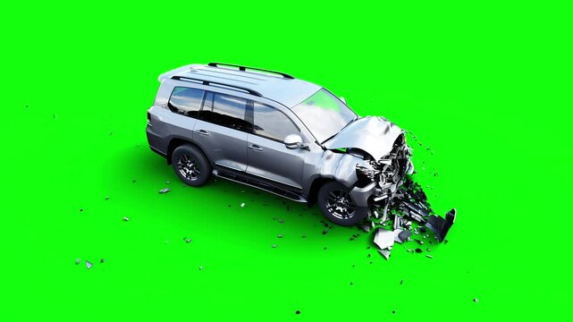 Generic 3d car crash test. Car destruction. Green screen isolate.