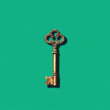 A single ornate brass key rests against a green surface background