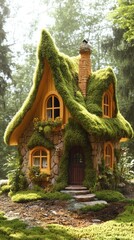 Fototapeta premium A whimsical cottage covered in lush green moss amongst the trees