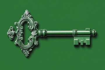 Decorative Green Key Lying on a Green Background