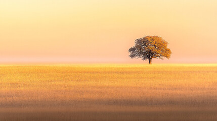 Solitary tree standing in a golden field during sunrise, with soft mist covering the horizon