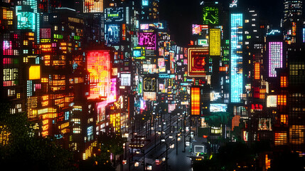 Obraz premium Vibrant Futuristic Cyberpunk Night Cityscape