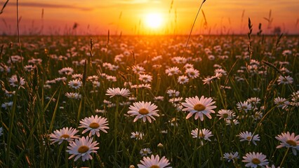 A field of daisies bathed in the golden light of a sunset. A breathtaking landscape of wildflowers, likely daisies, at sunset.