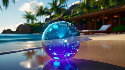 Futuristic Globe on Tropical Beach: Digital Connectivity and Global Technology Concept - Powered by Adobe