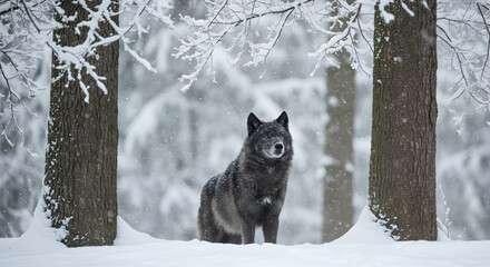 Naklejka premium Black Wolf in Snowy Forest Winter Wildlife