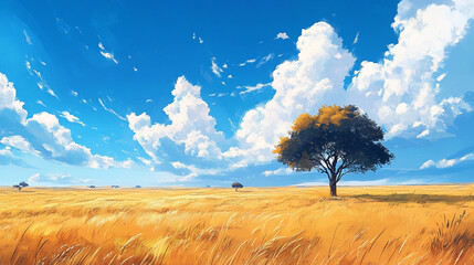 A serene landscape of golden grasslands under a bright blue sky with fluffy white clouds, showcasing a solitary tree in the foreground, evoking a sense of tranquility and natural beauty