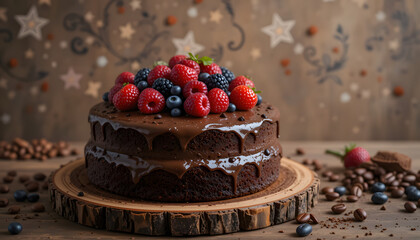 Two Layered Chocolate Cake Topped with Fresh Berries and Chocola