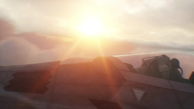 Military fighter jet F-22 flying over clouds. Air force.