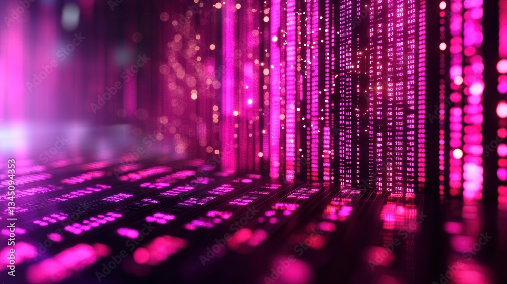 Wall mural abstract digital data stream with pink and purple vertical lines and bokeh