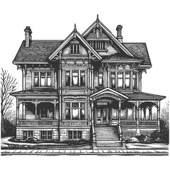Victorian House with Porch and Gable Roof vector