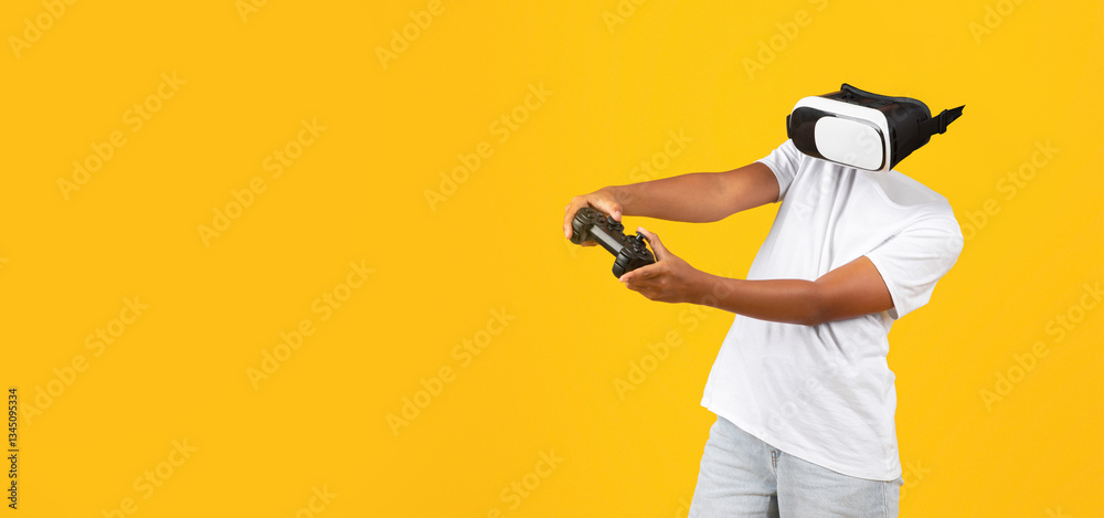 Poster a person participates in a virtual reality activity, wearing a modern headset while holding a game c