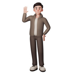 3D illustration of a casual cartoon man in brown dressed. shows greeting gesture with waving left hand