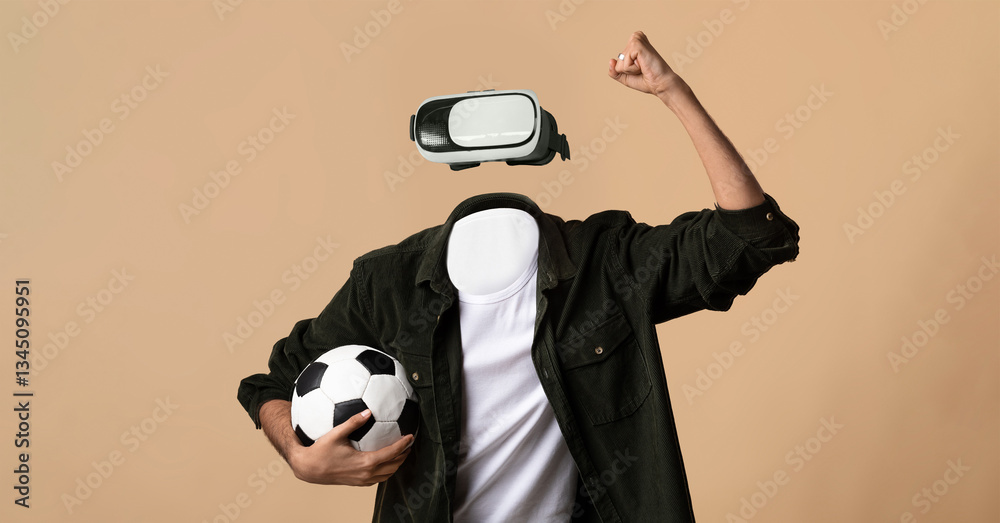 Aufkleber a person without a visible head or face is immersed in virtual reality, wearing goggles and holding 