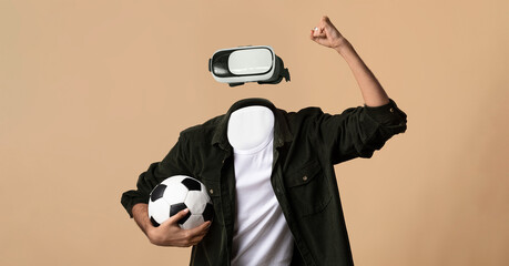 A person without a visible head or face is immersed in virtual reality, wearing goggles and holding...