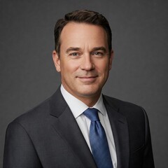 Professional studio portrait of a confident middle-aged man smiling gently, wearing a dark suit and tie against a gray background.