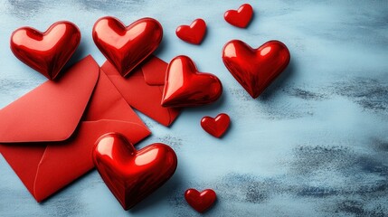 Obraz premium Red hearts and envelopes rest on a painted blue background