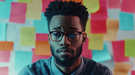 Thoughtful man in glasses surrounded by colorful sticky notes in a creative workspace