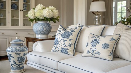 Chic living room with white sofa, blue and white floral pillows, and matching porcelain vases, showcasing timeless interior design with classic coastal or traditional style.