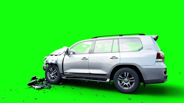 Generic 3d car crash test. Car destruction. Green screen isolate.