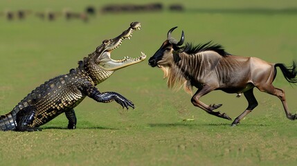 Fototapeta premium Nile crocodile clamping its jaws around a wildebeests leg the struggle caught in mid action