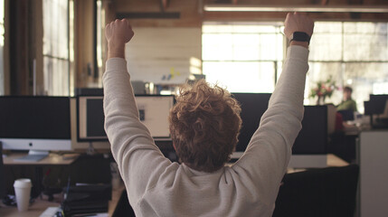 Celebrating success in a modern office environment with colleagues working in the background