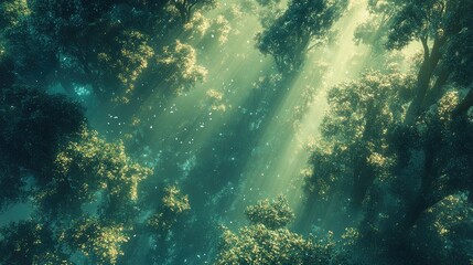 Naklejka premium Sunlight Filters Through Tree Canopy in Lush Forest Creating Ethereal Atmosphere of Nature's Tranquility and Serenity