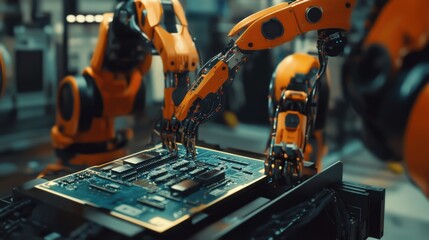 AI-assisted automation concept with robotic arms assembling a high-tech circuit board.