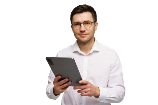 Professional man holding a tablet while wearing glasses in a white shirt indoors