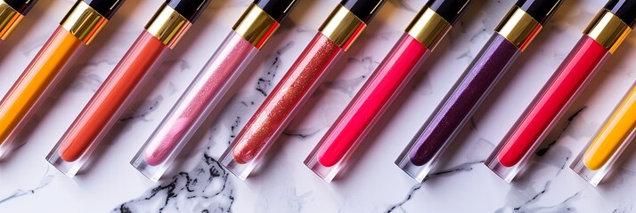 Fototapeta premium Colorful tubes of lip gloss and lipstick arranged elegantly on a marble surface showcasing rich shades and vibrant hues Generative AI