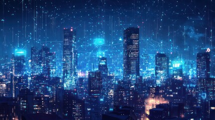 Futuristic cityscape at night with digital network overlay. Possible use stock photo for technology, city, network, future, and design concepts
