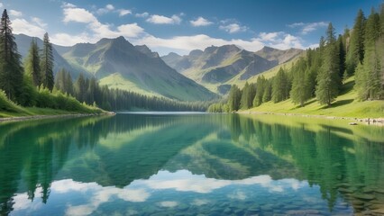 Fototapeta premium A tranquil lake, mirroring the surrounding landscape.