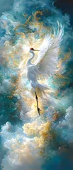 White Crane in Flight Amidst Golden Clouds