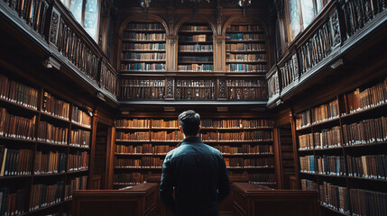 A person standing in a grand library filled with wooden bookshelves and ancient books, reflecting on knowledge
