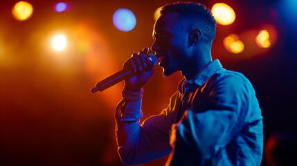 A performer passionately singing into a microphone on stage with vibrant colorful lights in the background