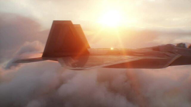 Military fighter jet F-22 flying over clouds. Air force.