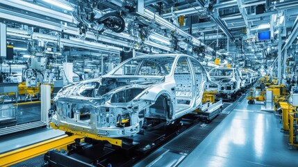 Assembly line framework being installed in a high-tech industrial plant.