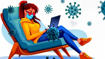 A young woman in casual attire floats peacefully, working on her laptop from home during quarantine, embracing online learning.